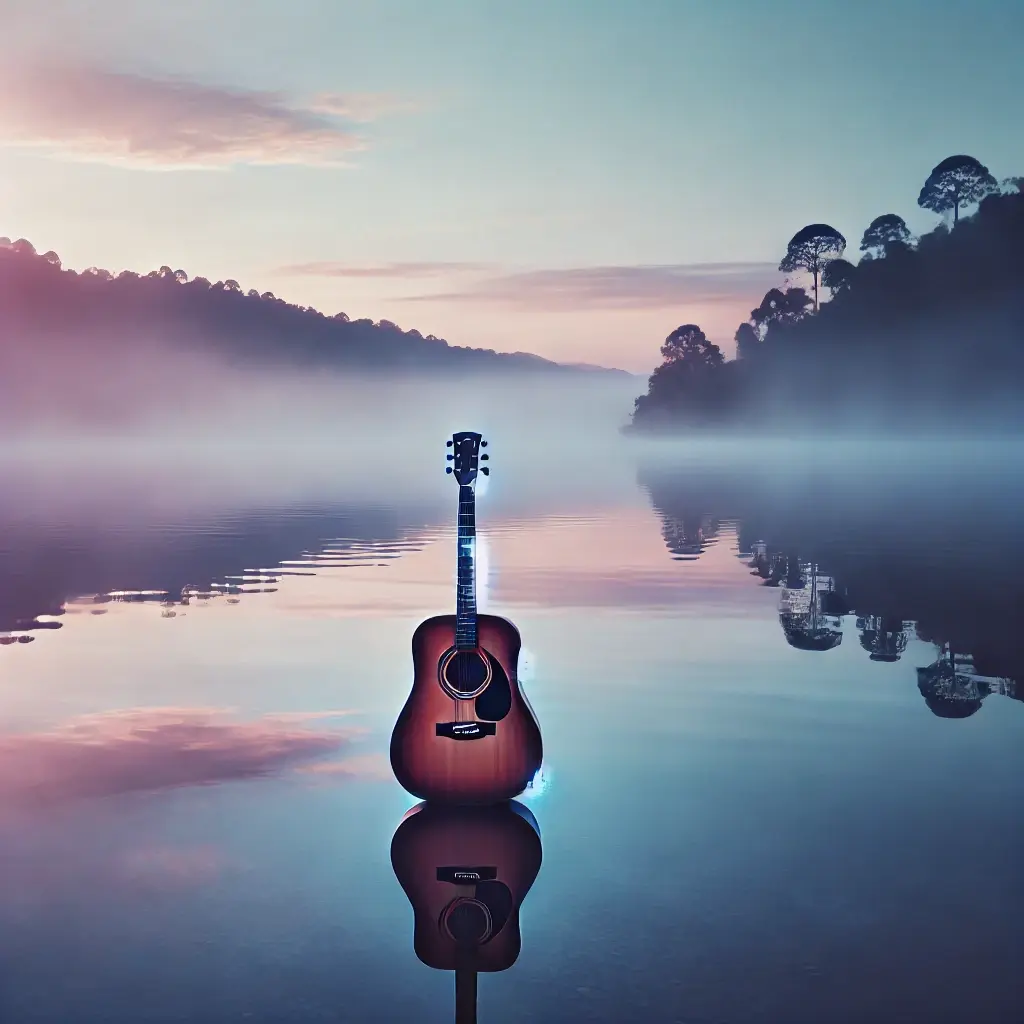 Photography of a serene lake at sunrise, surrounded by soft pastel hues of blue, pink, and lavender, with a simple acoustic guitar subtly reflected in the water.